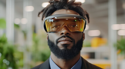 Innovative man wearing futuristic augmented reality glasses in modern workspace, showcasing technology and confidence