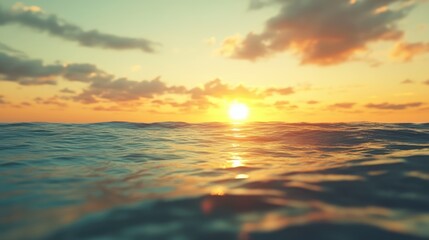 Naklejka premium Serene abstract seascape featuring a vibrant sunset reflected on calm ocean waves with soft clouds in the sky
