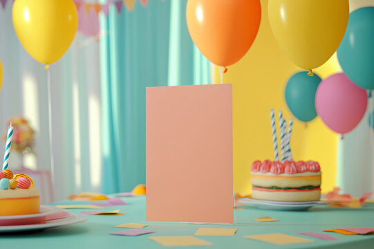 Customizable party invitation card mockup featuring colorful balloons and delicious cakes, perfect for birthday celebrations