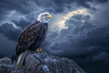 A bald eagle with its wings partially folded, standing on a rocky outcrop with a dramatic stormy sky and distant lightning illuminating the scene.
