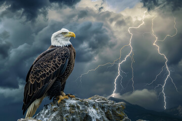 A bald eagle with its wings partially folded, standing on a rocky outcrop with a dramatic stormy sky and distant lightning illuminating the scene.