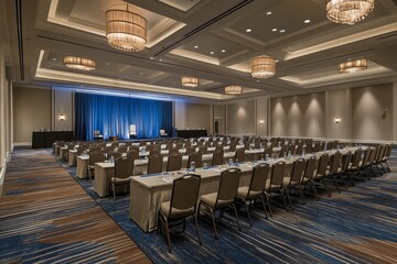 Naklejka premium Spacious conference room setup with elegant decor, long tables, and professional seating arrangement for corporate meetings and events