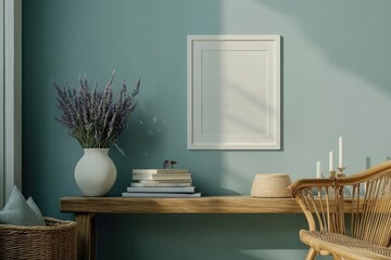 Minimalist interior design teal wall white picture frame