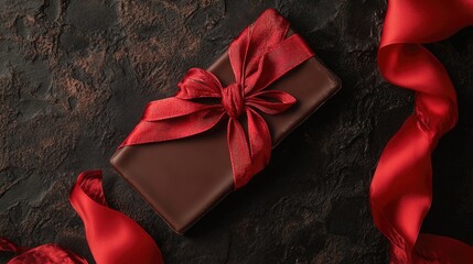Chocolate bar elegantly wrapped in red silk ribbon perfect for Valentine's Day gift giving and romantic celebrations.