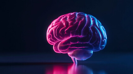 A vibrant, glowing brain illustration showcases intricate neural patterns in shades of pink and blue, symbolizing creativity and intelligence