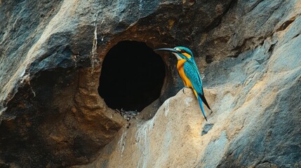 Exotic European bee eater perched near natural rock cavity showcasing vibrant plumage and nesting behavior in its habitat