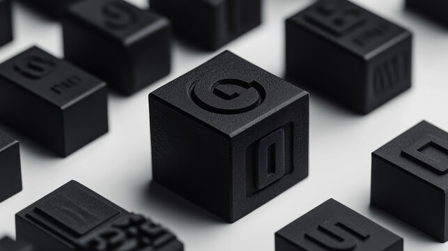 Black cubes with various symbols and designs are arranged in visually striking pattern, showcasing modern design elements. focus is on central cube featuring circular arrow symbol, representing refres