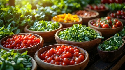 Fresh Organic Vegetables and Colorful Herbs Displayed in Wooden Bowls Captivating Nature's Bounty at a Market Stall Ideal for Healthy Lifestyle Promotion
