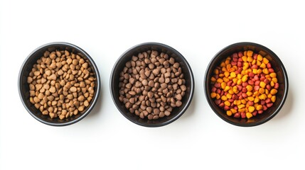 Assorted pet food bowls filled with kibble and wet food displayed on a white background from a top-down perspective