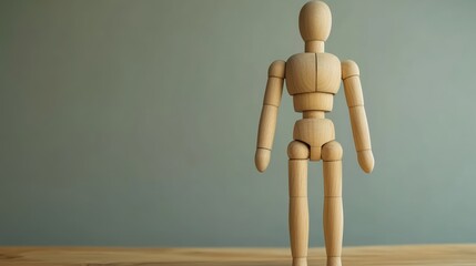 Wooden mannequin showcasing human-like pose against minimalistic background with copy space for creative projects and presentations