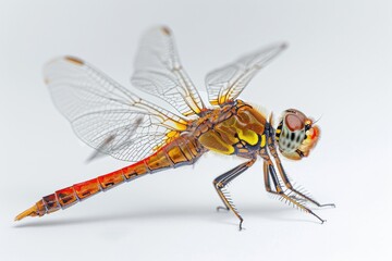 Close-up shot of a dragonfly perched on a white surface, its iridescent wings glowing in the light
