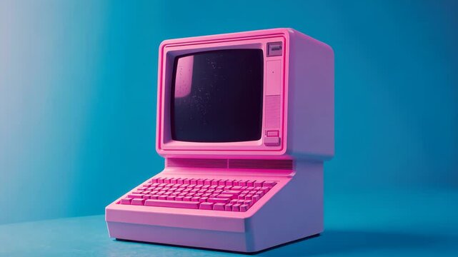 Pink vintage computer rotating on blue background