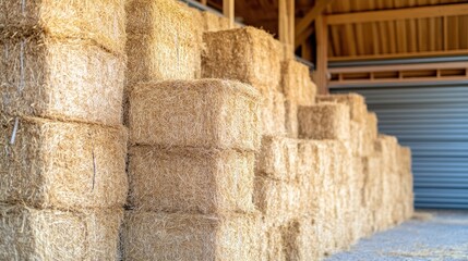 Dry hay bales stacked in a rustic wooden barn showcasing agricultural storage and rural life ambiance