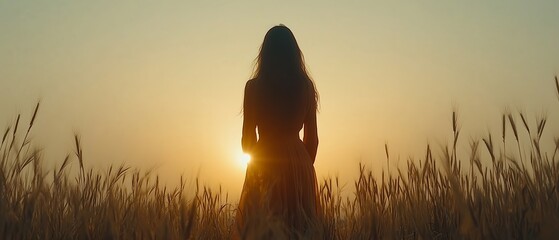 Woman stands in a field of tall grass, with the sun setting in the background. The scene is serene and peaceful, with the woman's silhouette against the warm orange sky
