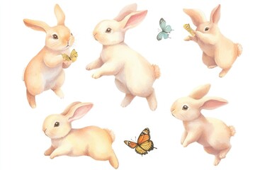 Fototapeta premium Watercolor illustrations of rabbits and a butterfly, perfect for children's books or educational materials
