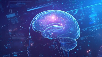 A vibrant digital brain surrounded by swirling circuit patterns and data streams, representing the advanced technology behind artificial intelligence. 