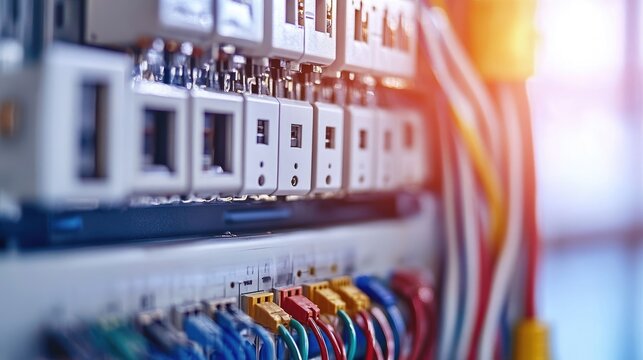 Electrician performing installation work on electrical panel with switches and colorful wiring for residential or commercial use