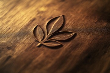 Close up of a customizable logo mockup engraved on a wooden surface, showcasing a design of leaves