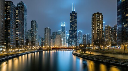 Naklejka premium Night cityscape skyline reflecting on calm river.