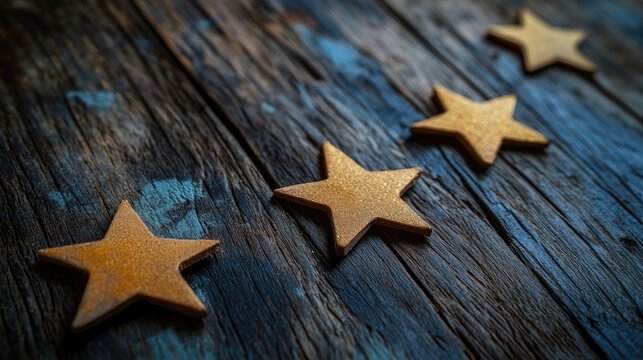 Five golden stars on a rustic wooden surface representing customer satisfaction and quality service feedback in online evaluations