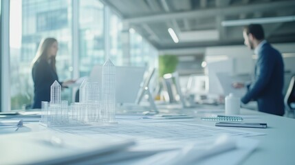 Engineering team collaborating in an office environment focusing on construction project planning with models and blueprints on the table