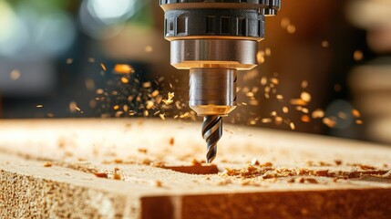 Electric drill bit creating a hole in wooden board during construction with wood chippings flying in close up handyman work scene