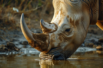 A close-up shot of a rhinoceros drinking from a clear waterhole, the texture of its rough skin and sharp horn in sharp focus.