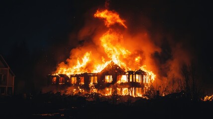 Intense fire engulfing a building at night with bright flames lighting up the dark sky and emergency response efforts underway.