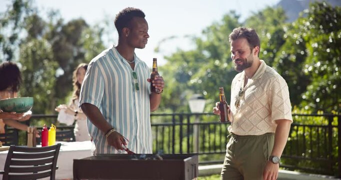 Beer, friends and bbq food at party for new year celebration, social gathering or talking at reunion for lunch. Grill, alcohol and men barbecue meal, holiday and chef cooking outdoor at cookout event