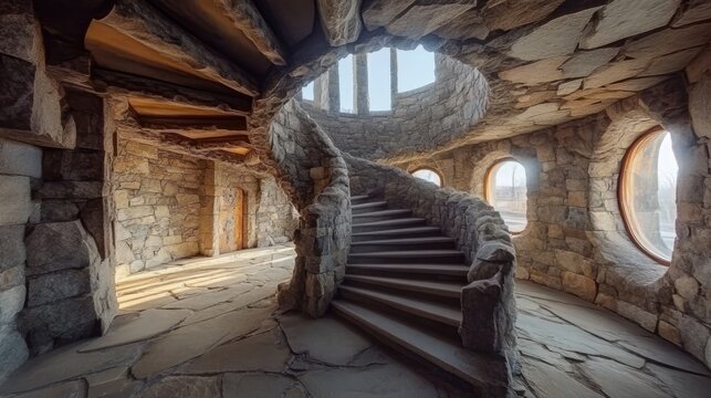 Historic old stone mill interior featuring a stunning spiral staircase illuminated by winter sunlight.