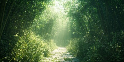 Fototapeta premium Serene Bamboo Forest Path Sunlit Nature Trail Lush Greenery Tranquil Landscape
