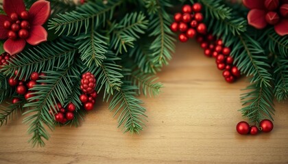 A festive Christmas border featuring lush greenery, red berries, and pine cones, perfect for holiday-themed designs.