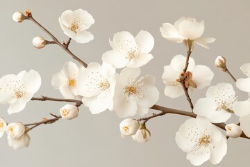 Elegant white blossoms on branches against a soft neutral background in a serene indoor setting