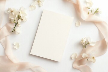 Customizable invitation card mockup is displayed with an elegant silk ribbon and white flowers, creating a delicate and romantic scene