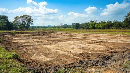 Desolate farm field prepared for industrial development leaving cattle seeking grass in rural countryside environment