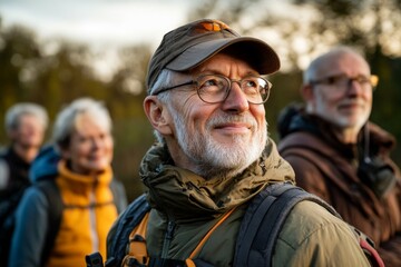 Fototapeta premium Group of older hikers enjoying a moment in nature during a sunset hike in a scenic outdoor area