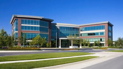 Obraz premium Modern office building exterior with glass windows and landscaped surroundings under clear blue sky. Ideal for corporate or business imagery.