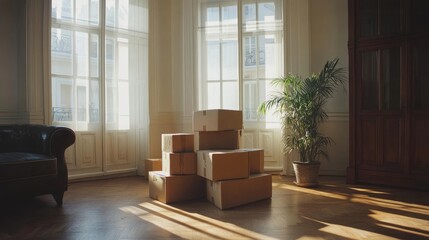 Empty living room with stacked cardboard boxes symbolizing relocation and home renovation preparations in a bright and airy atmosphere