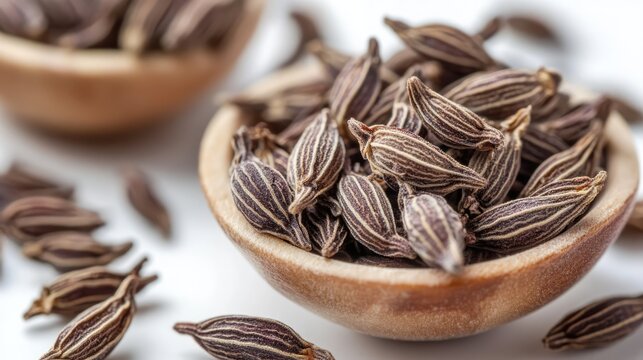Dried cumin seeds in bowls showcasing their rich texture isolated on a white background for culinary and spice-themed presentations