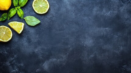 Fresh citrus fruits and basil leaves arranged on a dark textured background for culinary or food design concepts.