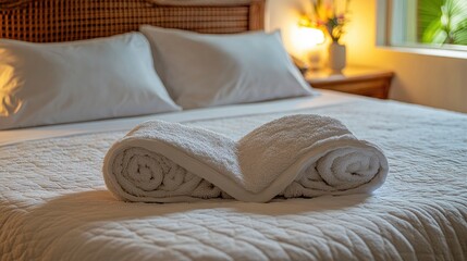 Elegant heart shaped towel arrangement on a luxury hotel bed in Varadero Cuba symbolizing romance and hospitality in a serene Caribbean setting