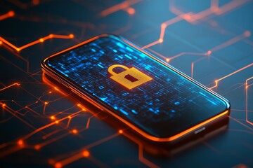 Digital security concept represented by a smartphone display showing a lock symbol over a futuristic network background with glowing circuits and lines