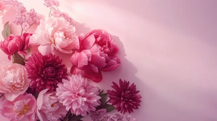 Festive floral arrangement featuring pink peonies and crimson chrysanthemums on a soft lilac background perfect for invitations and greetings