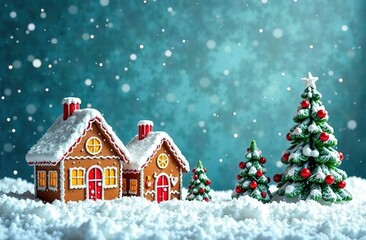 Naklejka premium Christmas. Gingerbread houses stand in a row in the snow. Tree. A New Year's card template with cute gingerbread houses and pine trees on a blue background. A web banner with a winter landscape..