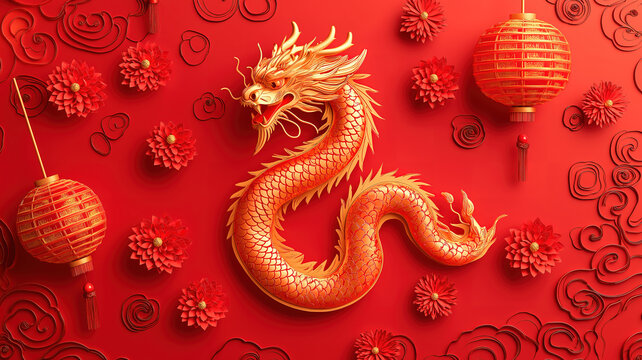 Year of the dragon 2025 festive design with lanterns and asian elements in gold theme