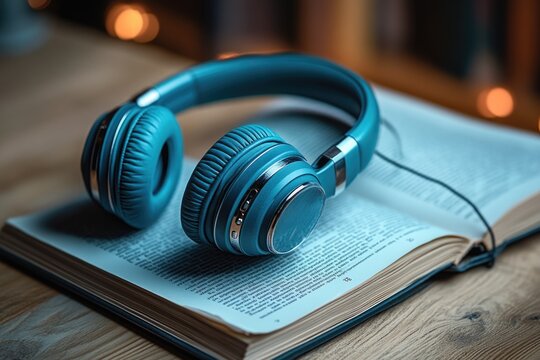 A pair of headphones resting on top of an open book, ideal for reading or listening to music