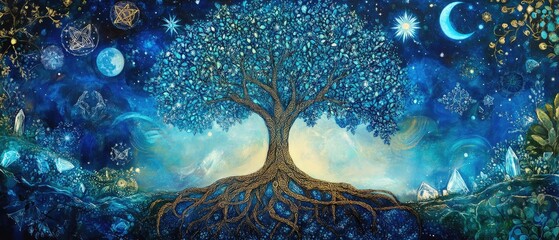Mystical blue tree of life with celestial elements and intricate roots.