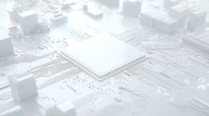 A white square in the center of a circuit board with some wires and chips around it, 3D rendering style, simple background, futuristic technology feel.