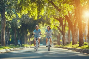 Obraz premium Young couple enjoying a leisurely bicycle ride in a serene sunlit park surrounded by lush greenery and trees during a warm summer evening.