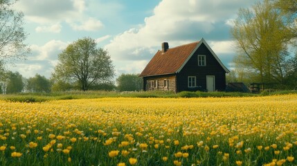 Rustic farmhouse in a vibrant grass field adorned with blooming buttercups under a dramatic sky in a picturesque Dutch landscape